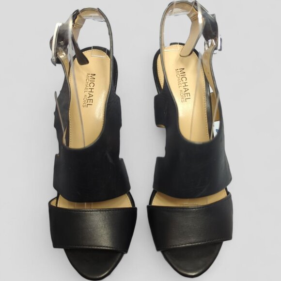 New MICHAEL KORS Carla Platform Sandal Heel Size 5.5 Black Leather Buckle NO Box - Picture 5 of 12